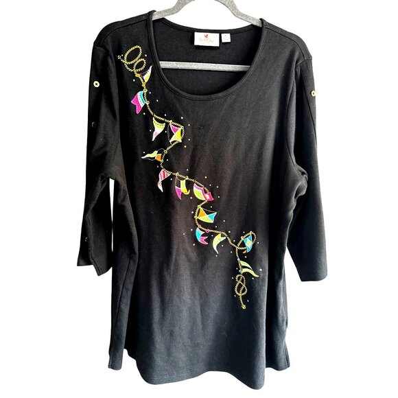 Quacker Factory Tops - Quacker Factory Colorful Embroidered Nautical Kite Black Top Size XL